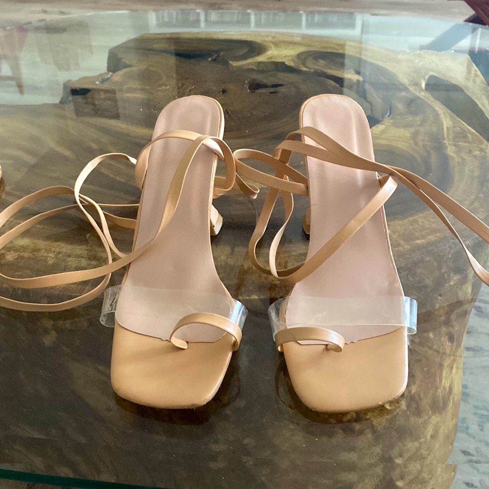 Soft leather lace up nude and clear heels
